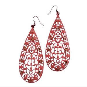 LONG DROP EARRINGS 4" Dangle Fancy Coral Pink & Large Rhinestones SlipOn